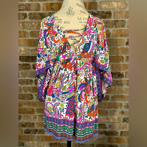 NWOT trina Turk caftan tunic beach swimsuit coverup lace up paisley pattern s XS - Picture 2 of 13